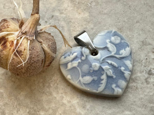 Light Blue Heart, Floral Heart, Heart Pendant, Porcelain Ceramic Pendant, Artisan Pendant, Jewelry Making Components