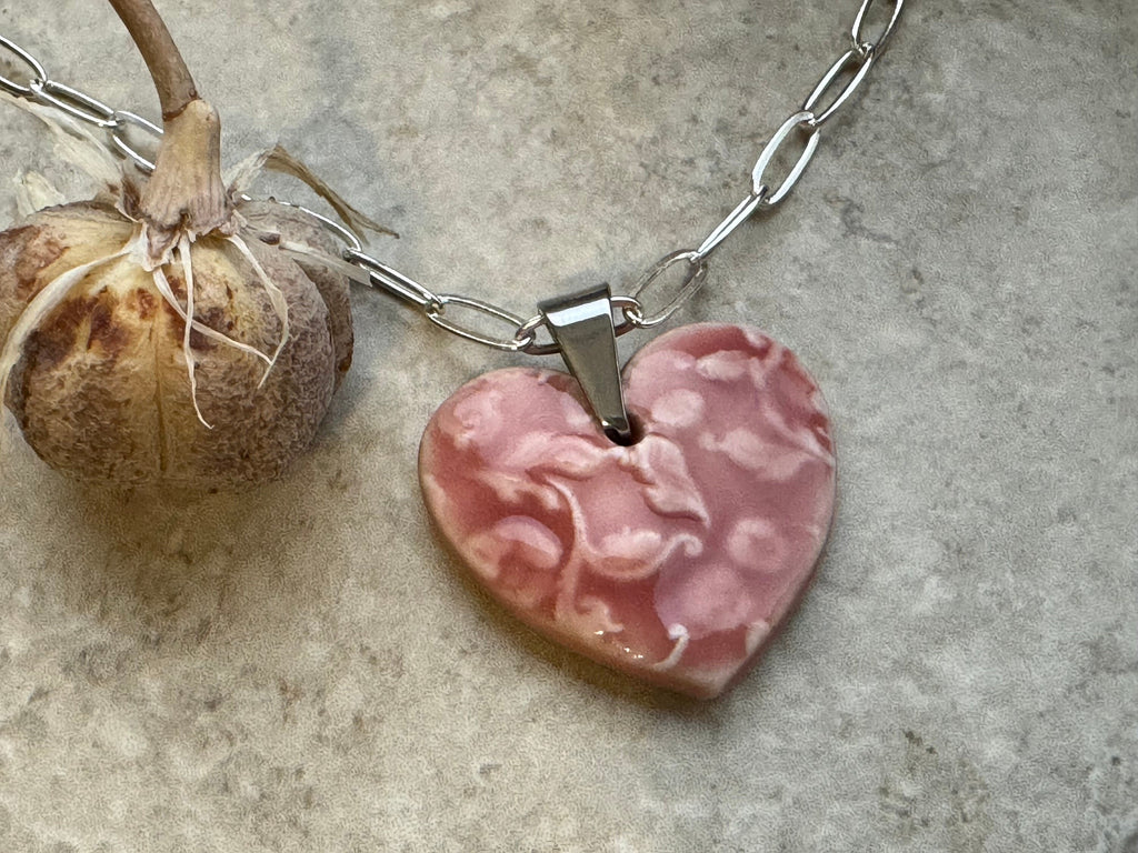 Pink Heart, Floral Heart, Heart Pendant, Porcelain Ceramic Pendant, Artisan Pendant, Jewelry Making Components