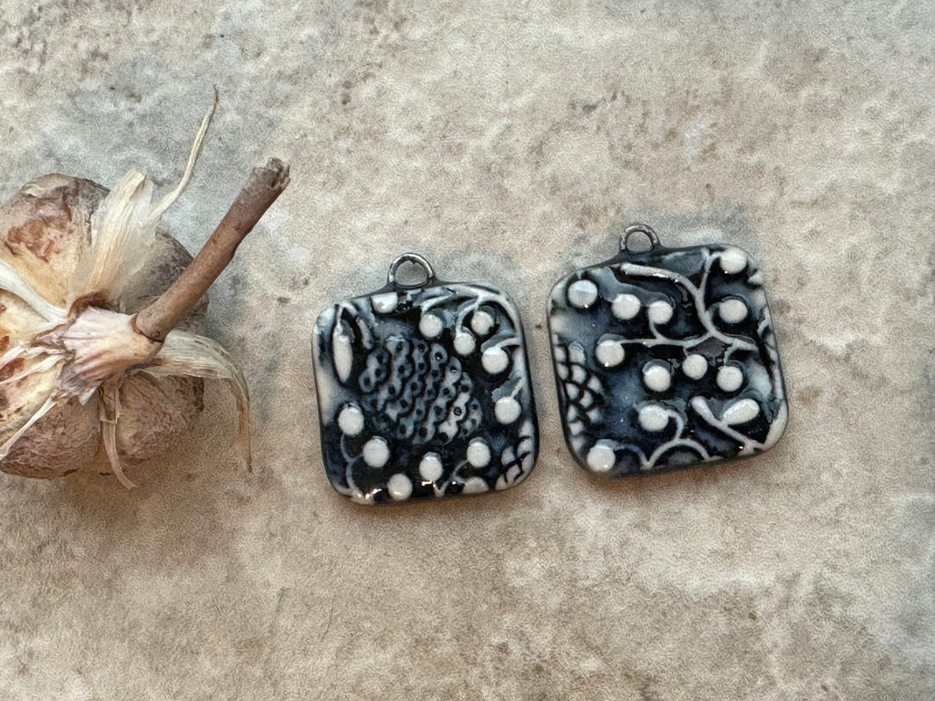 Black and White Pinecone Beads, Black Earring Bead Pair, Porcelain Ceramic Charms, Jewelry Making Components, Beading Handmade