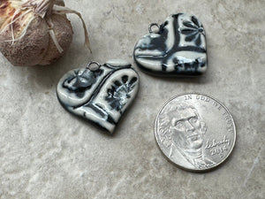Black and White Talavera Earring Bead Pair, Hearts, Vintage Pattern, Porcelain Ceramic Charms, Jewelry Making Components, Beading Handmade