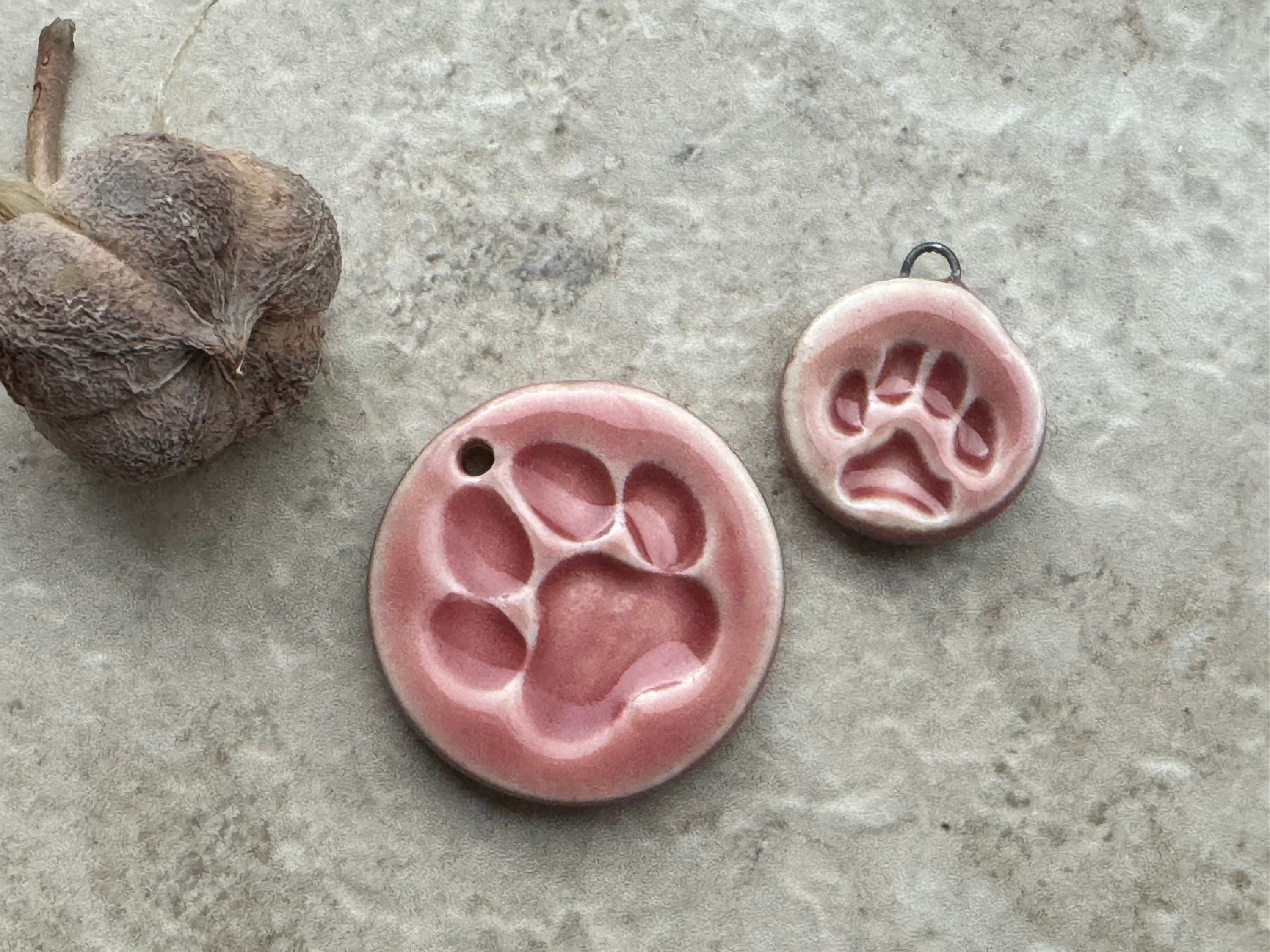 Pink Paw Print Pendant and Charms, Dog Round Pendant, Porcelain Ceramic Pendant, Dog Paw Charms, Jewelry Making Components