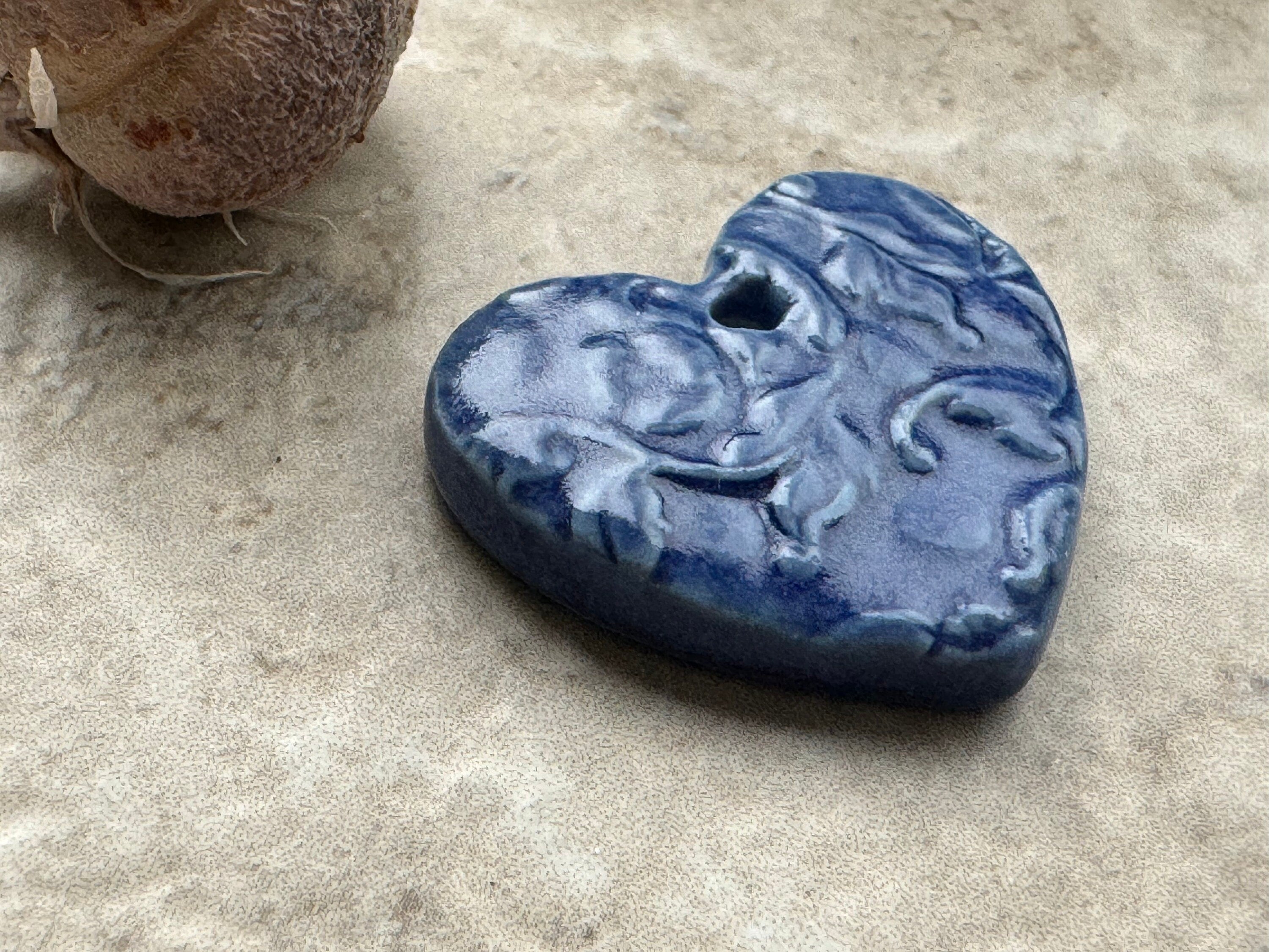 Blue Heart Pendant, Floral Pattern, Heart Pendant, Porcelain Ceramic Pendant, Artisan Pendant, Jewelry Making Components