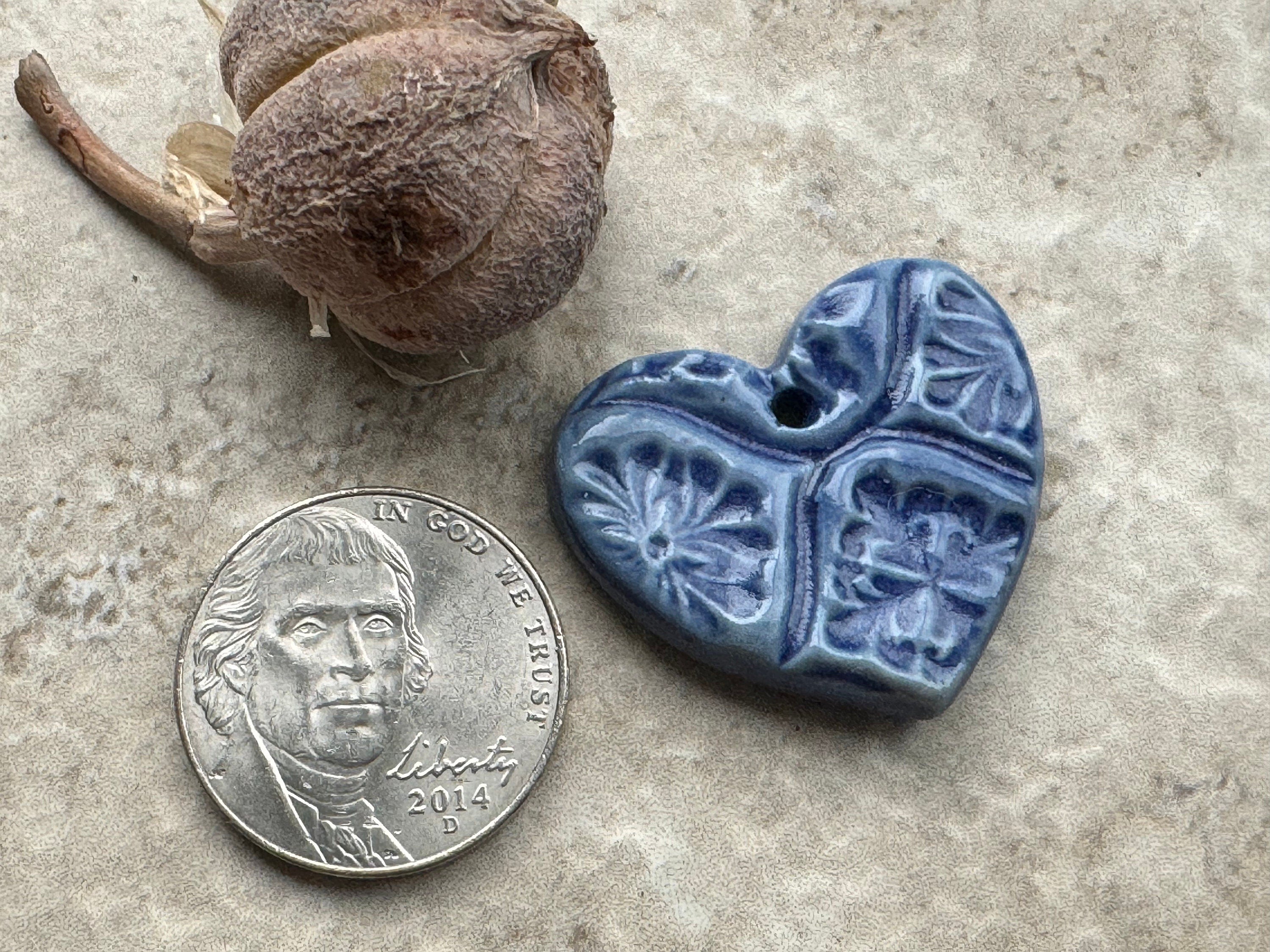 Blue Heart Pendant, Talavera Tile Pattern, Heart Pendant, Porcelain Ceramic Pendant, Artisan Pendant, Jewelry Making Components
