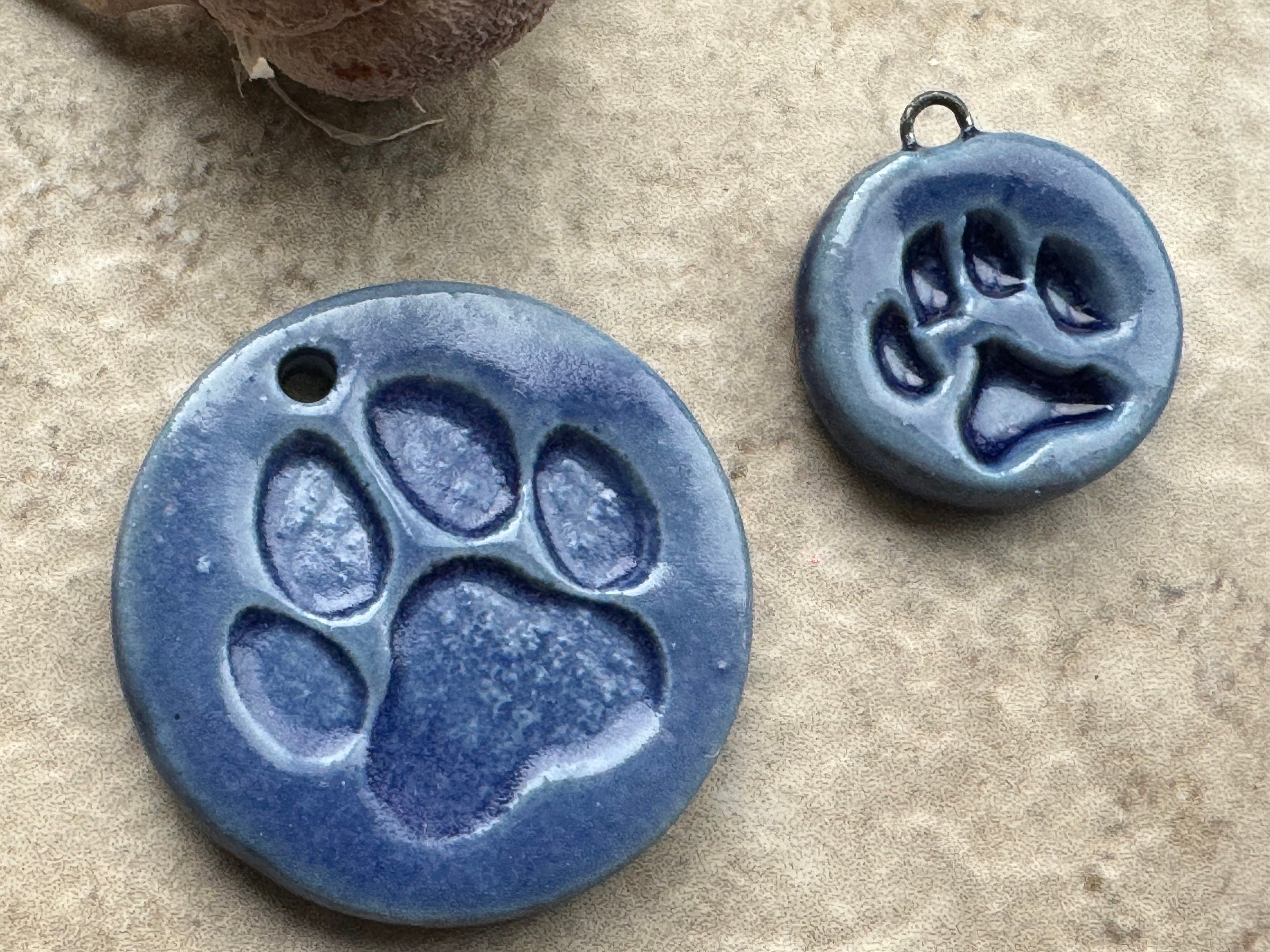 Blue Paw Print Pendant and Charms, Dog Round Pendant, Porcelain Ceramic Pendant, Dog Paw Charms, Jewelry Making Components