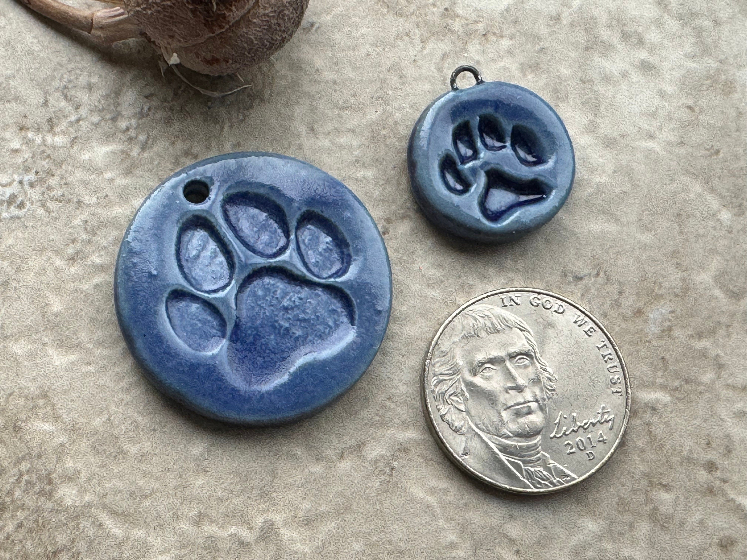 Blue Paw Print Pendant and Charms, Dog Round Pendant, Porcelain Ceramic Pendant, Dog Paw Charms, Jewelry Making Components