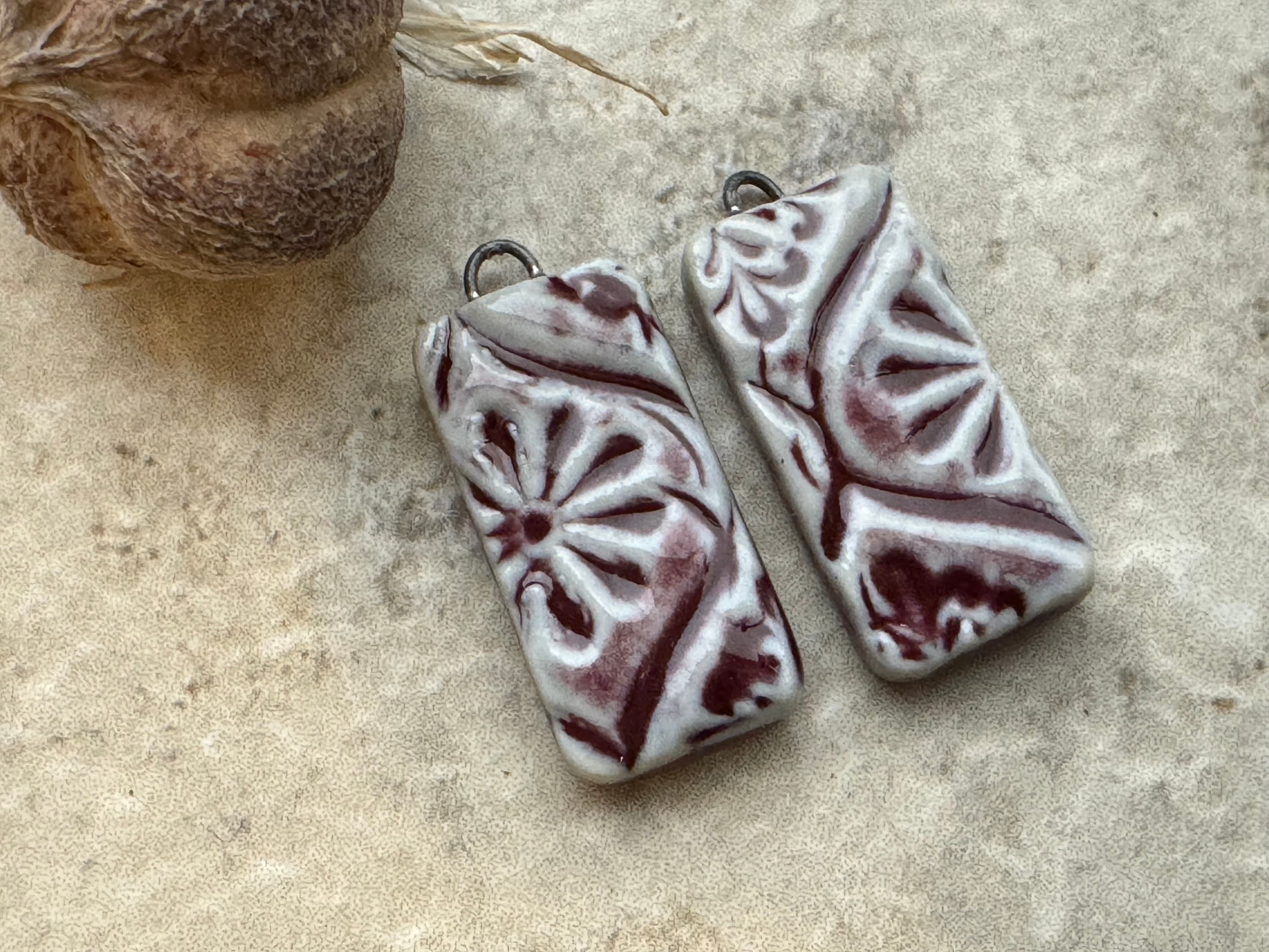 Burgundy Talavera Bead, Mexican Style Tile Beads, Earring Bead Pair, Porcelain Ceramic Charms, Jewelry Components, Beading Handmade