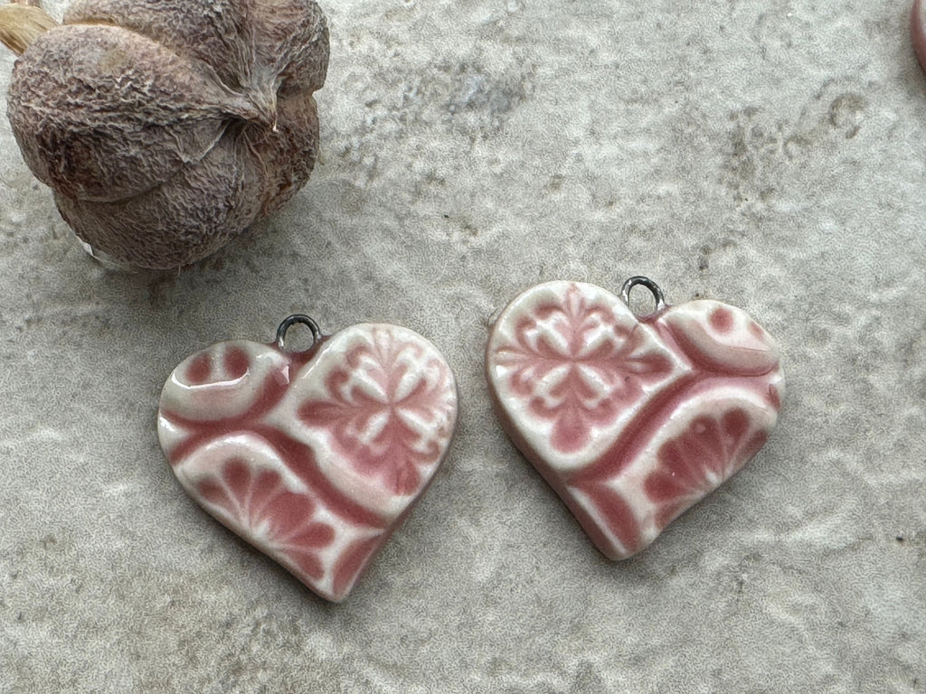Pink Talavera Earring Bead Pair, Hearts, Vintage Pattern, Porcelain Ceramic Charms, Jewelry Making Components, Beading Handmade