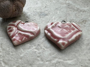 Pink Talavera Earring Bead Pair, Hearts, Vintage Pattern, Porcelain Ceramic Charms, Jewelry Making Components, Beading Handmade