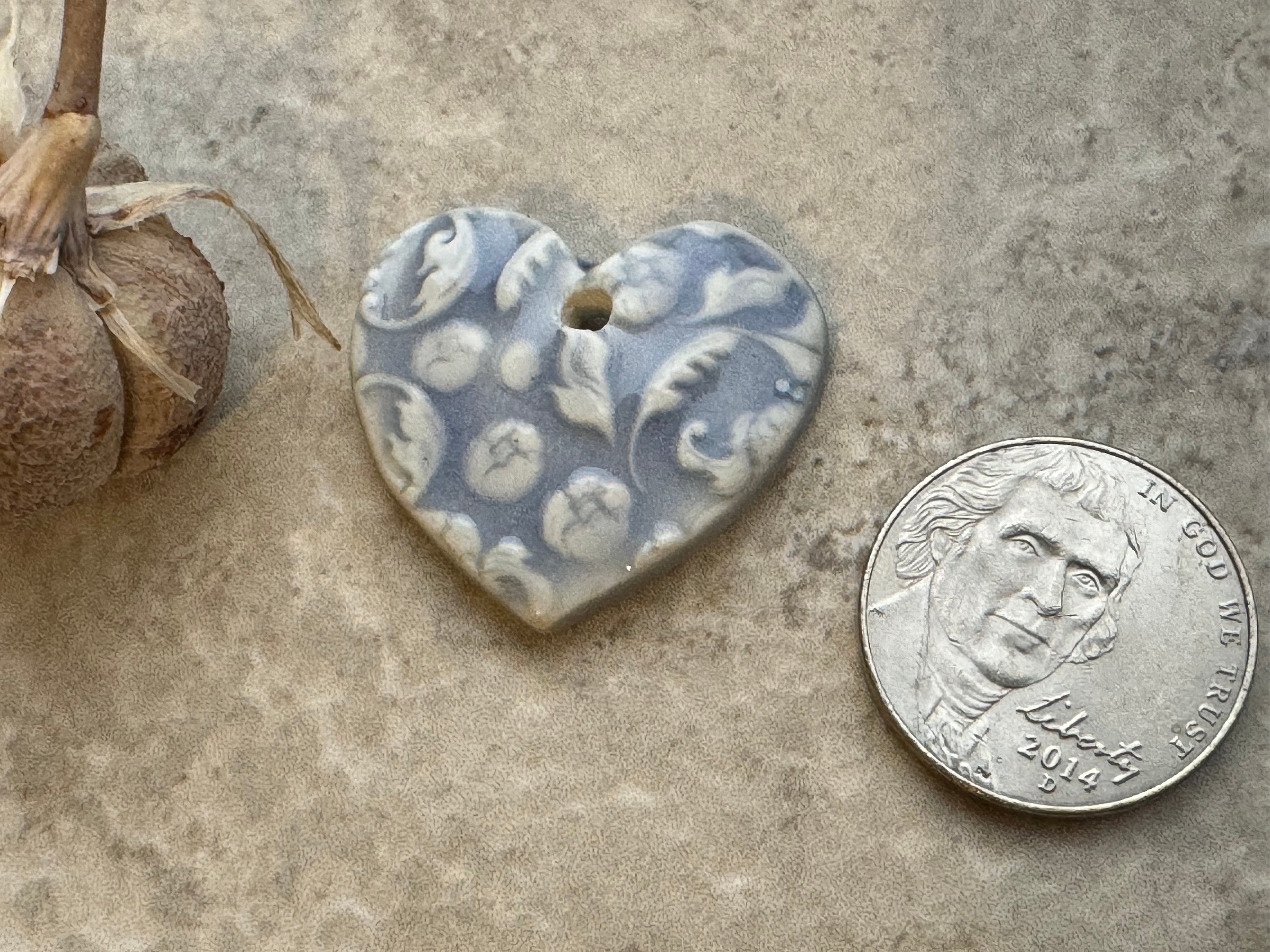 Light Blue Heart, Floral Heart, Heart Pendant, Porcelain Ceramic Pendant, Artisan Pendant, Jewelry Making Components