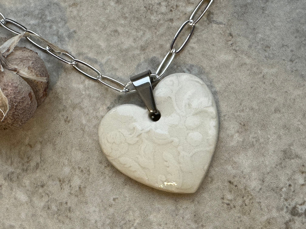 White Heart, Floral Heart, Heart Pendant, Porcelain Ceramic Pendant, Artisan Pendant, Jewelry Making Components