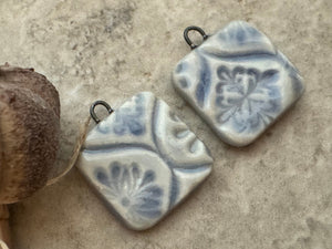 Light Blue Talavera Tile, Earring Bead Pair, Porcelain Ceramic Charms, Jewelry Making Components, Beading Handmade