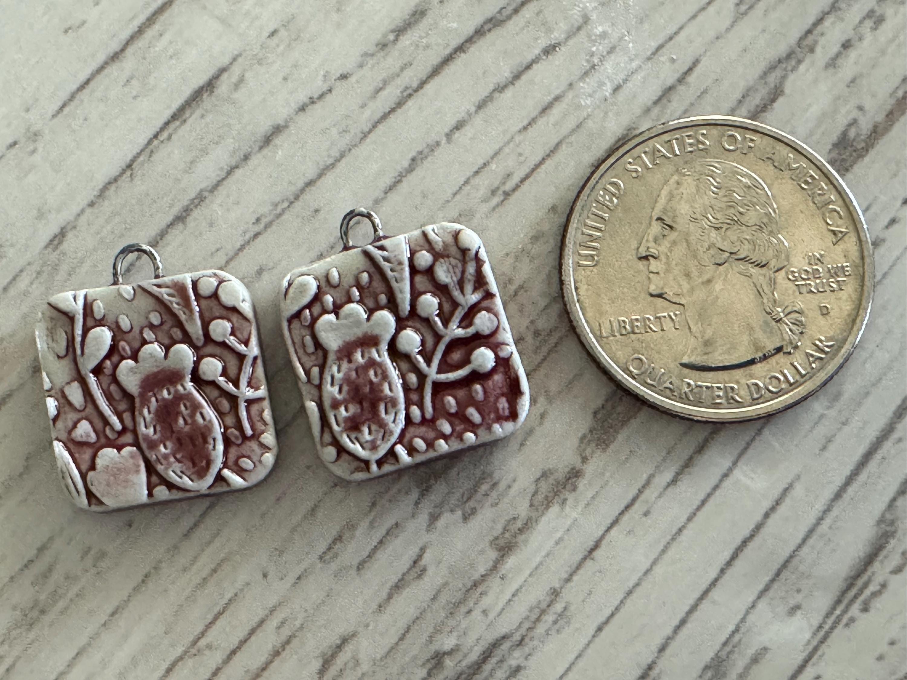 Burgundy Square Floral , Earring Bead Pair, Porcelain Charms, Ceramic Charms, Jewelry Making Components, Beading Handmade, DIY Earrings, DIY