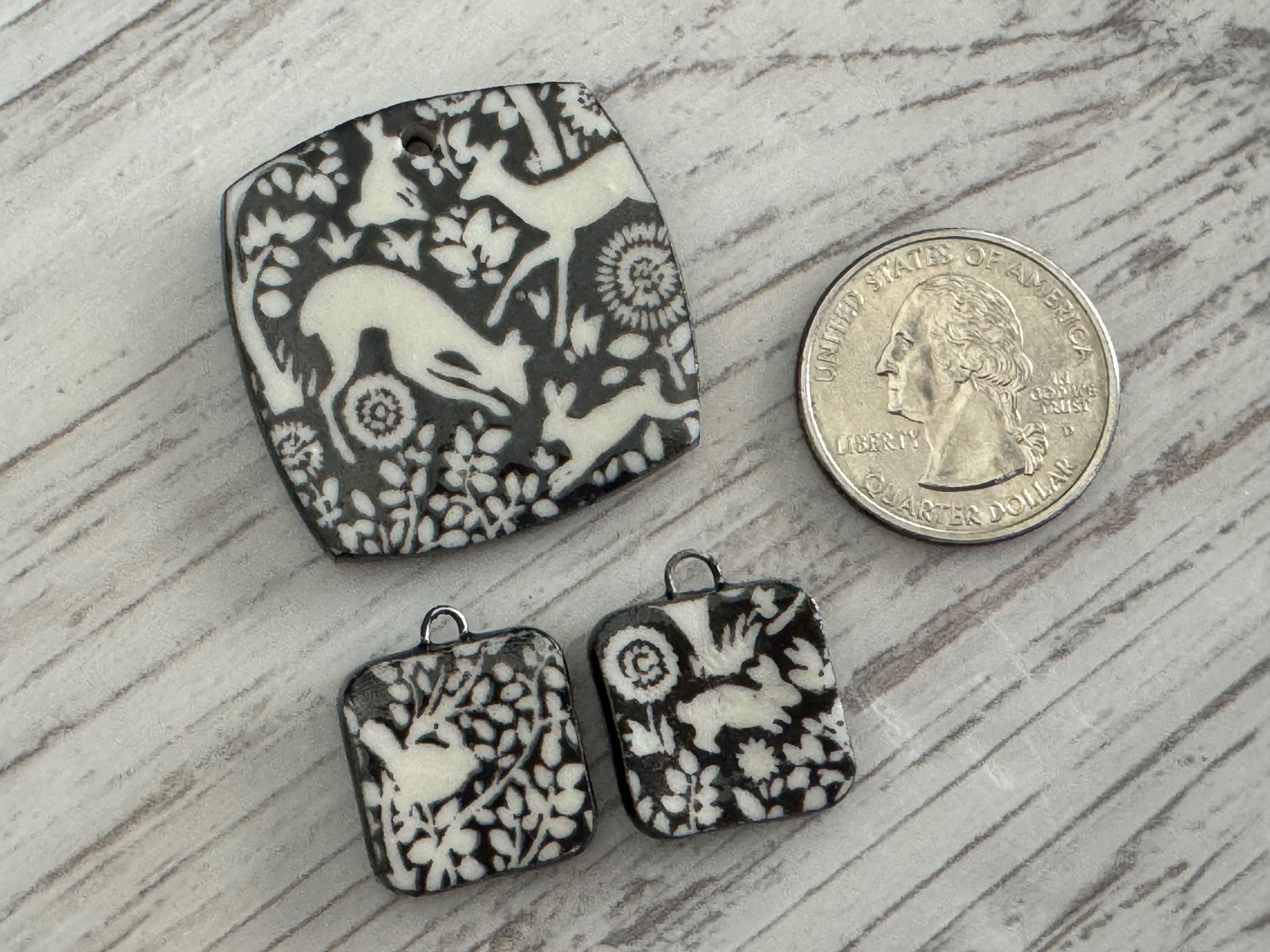 Black and white Deer Pendant and Charms, Bunny Square Pendant, Rabbit Ceramic Pendant, Squirrel Artisan Pendant, Jewelry Making Components