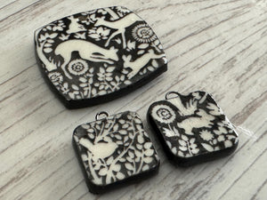 Black and white Deer Pendant and Charms, Bunny Square Pendant, Rabbit Ceramic Pendant, Squirrel Artisan Pendant, Jewelry Making Components