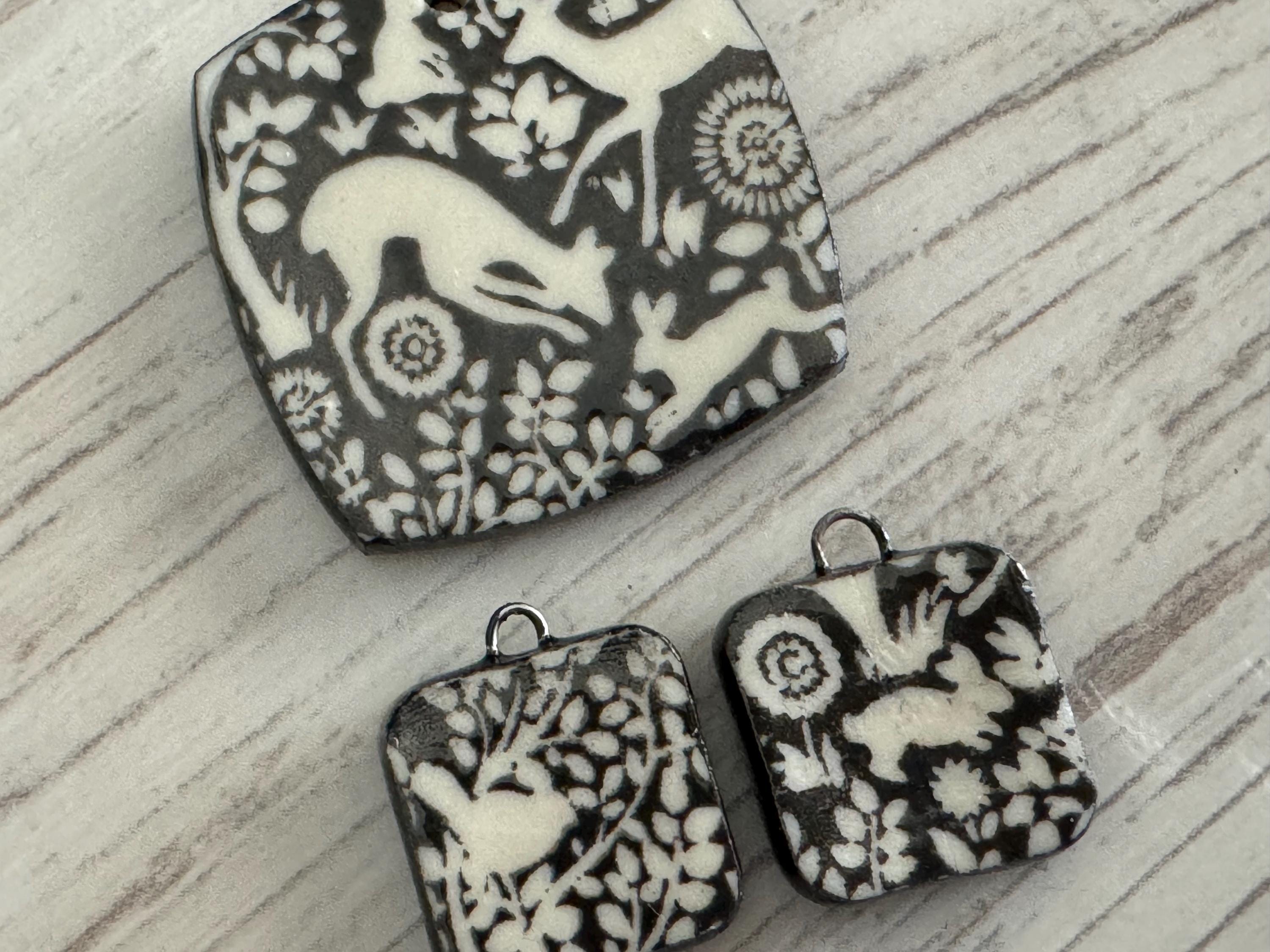 Black and white Deer Pendant and Charms, Bunny Square Pendant, Rabbit Ceramic Pendant, Squirrel Artisan Pendant, Jewelry Making Components