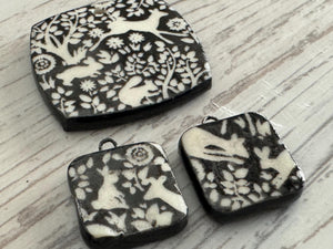 Black and white Deer Pendant and Charms, Bunny Square Pendant, Rabbit Ceramic Pendant, Squirrel Artisan Pendant, Jewelry Making Components