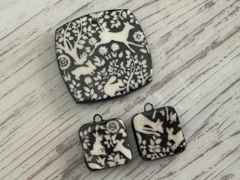 Black and white Deer Pendant and Charms, Bunny Square Pendant, Rabbit Ceramic Pendant, Squirrel Artisan Pendant, Jewelry Making Components