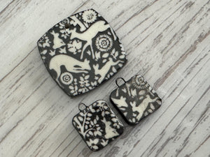 Black and white Deer Pendant and Charms, Bunny Square Pendant, Rabbit Ceramic Pendant, Squirrel Artisan Pendant, Jewelry Making Components