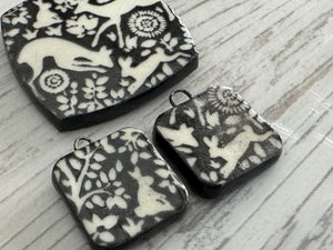 Black and white Deer Pendant and Charms, Bunny Square Pendant, Rabbit Ceramic Pendant, Squirrel Artisan Pendant, Jewelry Making Components