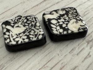 Bird and Rabbit Beads, Black and White Square, Black Earring Bead Pair, Squirrel Beads, Porcelain Ceramic Charms, Jewelry Components