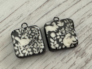 Bird and Rabbit Beads, Black and White Square, Black Earring Bead Pair, Squirrel Beads, Porcelain Ceramic Charms, Jewelry Components