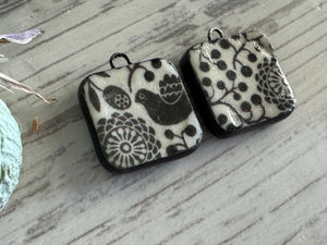 Scandinavian Bird Beads, Black and White Square, Black Earring Bead Pair, Porcelain Ceramic Charms, Jewelry Components, Beading Handmade