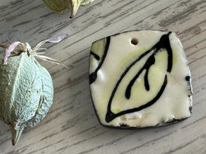 Black and White Leaf Bead, Light Green Pendant, Artisan jewelry, Porcelain Ceramic Pendant, Jewelry Making Components