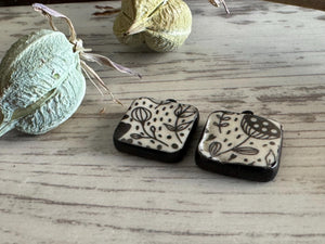 Flower Beads, Black and White Square, Black Earring Bead Pair, Unique Beads, Porcelain Ceramic Charms, Jewelry Components, Beading Handmade