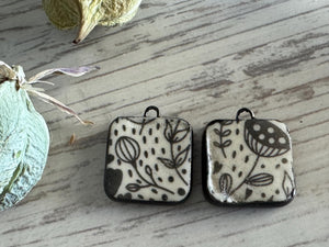 Flower Beads, Black and White Square, Black Earring Bead Pair, Unique Beads, Porcelain Ceramic Charms, Jewelry Components, Beading Handmade