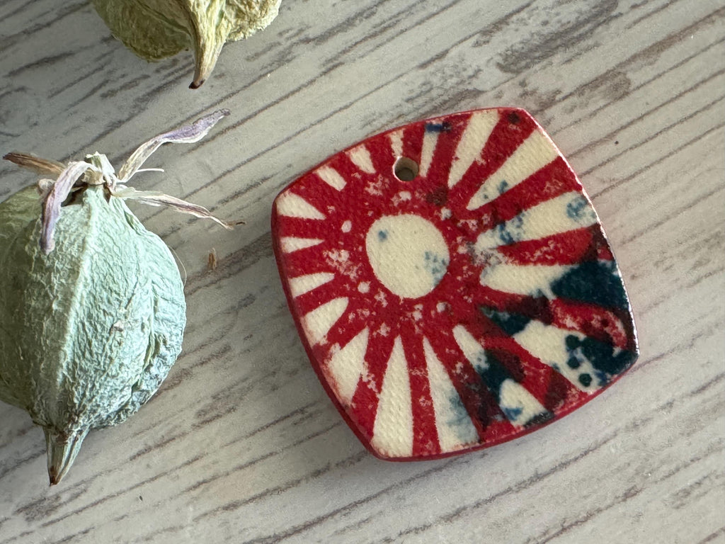 Red and Blue Sun Bead, Square Pendant, Artisan jewelry, Porcelain Ceramic Pendant, Jewelry Making Components