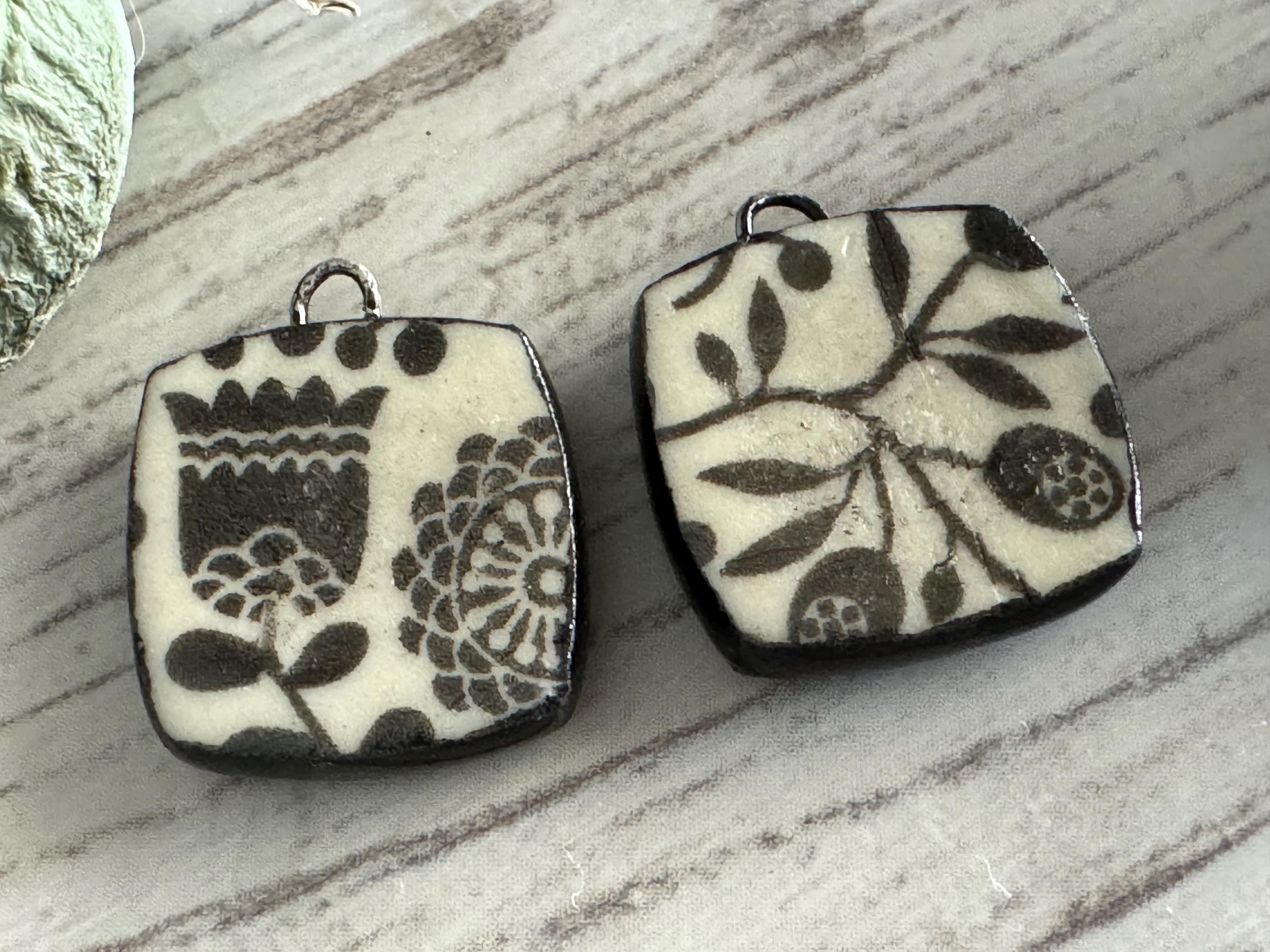 Scandanavian Tulip Beads, Black and White Square, Square Earring Bead Pair, Unique Beads, Porcelain Charms, Jewelry Components