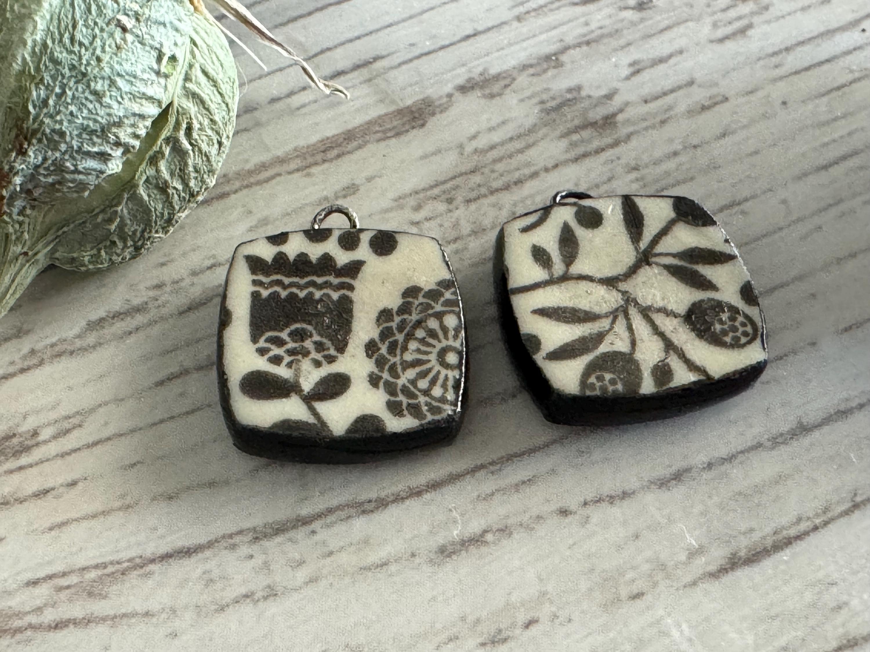 Scandanavian Tulip Beads, Black and White Square, Square Earring Bead Pair, Unique Beads, Porcelain Charms, Jewelry Components