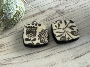 Scandanavian Tulip Beads, Black and White Square, Square Earring Bead Pair, Unique Beads, Porcelain Charms, Jewelry Components