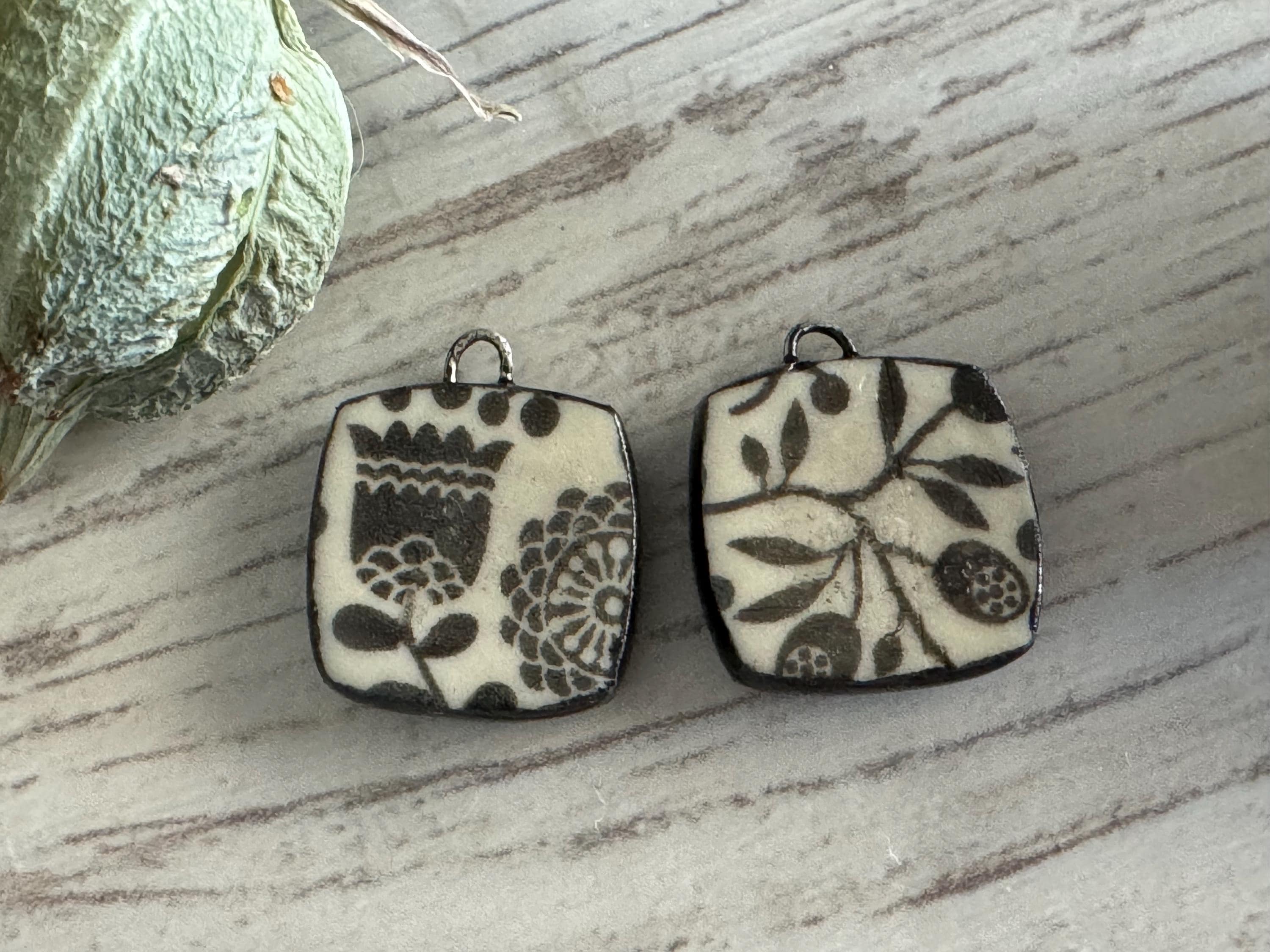 Scandanavian Tulip Beads, Black and White Square, Square Earring Bead Pair, Unique Beads, Porcelain Charms, Jewelry Components