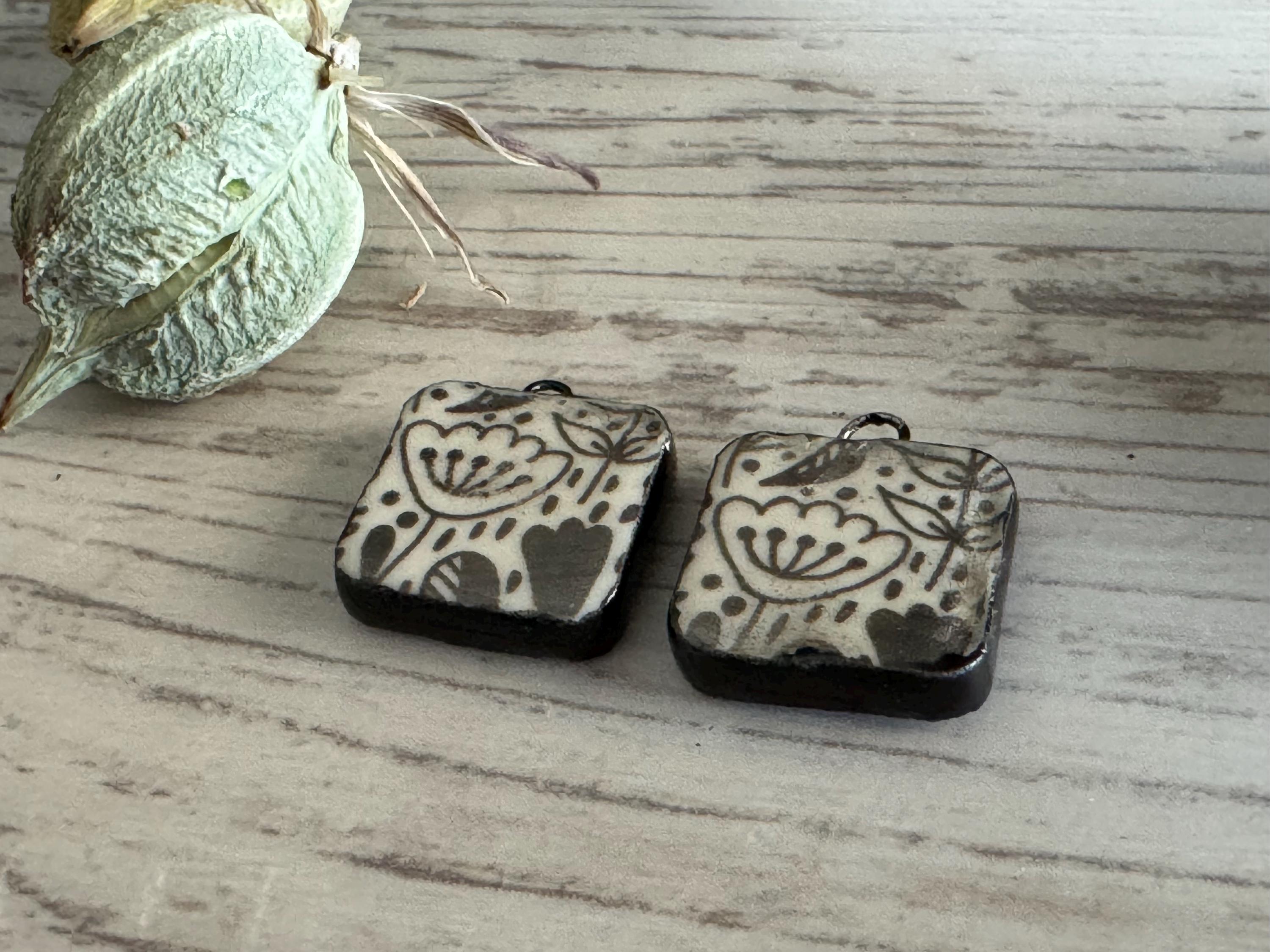 Flower Beads, Black and White Square, Black Earring Bead Pair, Unique Beads, Porcelain Ceramic Charms, Jewelry Components, Beading Handmade