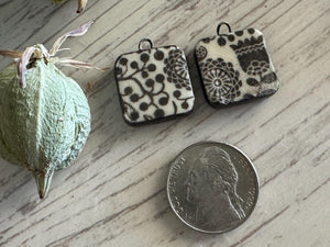 Tulip Beads, Black and White Square, Black Earring Bead Pair, Unique Beads, Porcelain Ceramic Charms, Jewelry Components, Beading Handmade