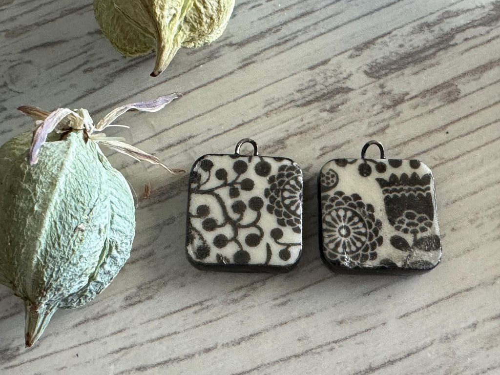 Tulip Beads, Black and White Square, Black Earring Bead Pair, Unique Beads, Porcelain Ceramic Charms, Jewelry Components, Beading Handmade