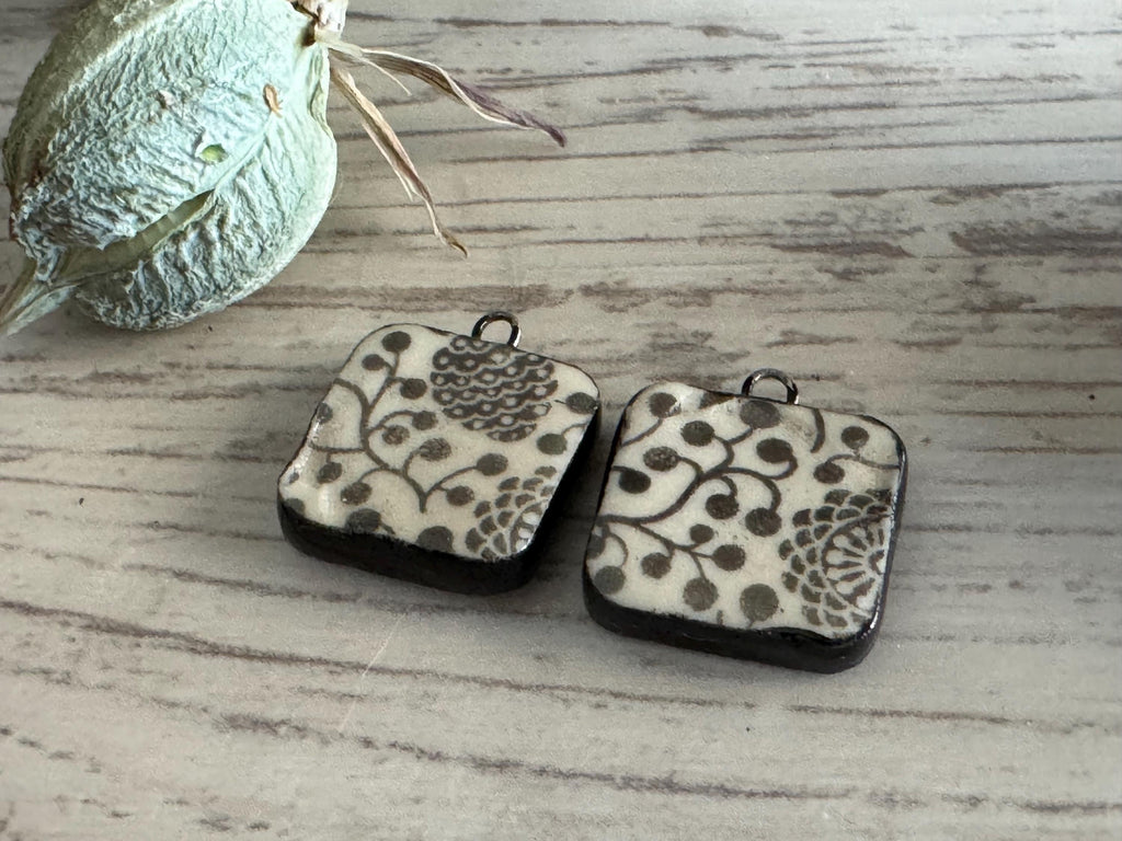 Pinecone Beads, Black and White Square, Black Earring Bead Pair, Unique Bead, Porcelain Ceramic Charms, Jewelry Components, Beading Handmade