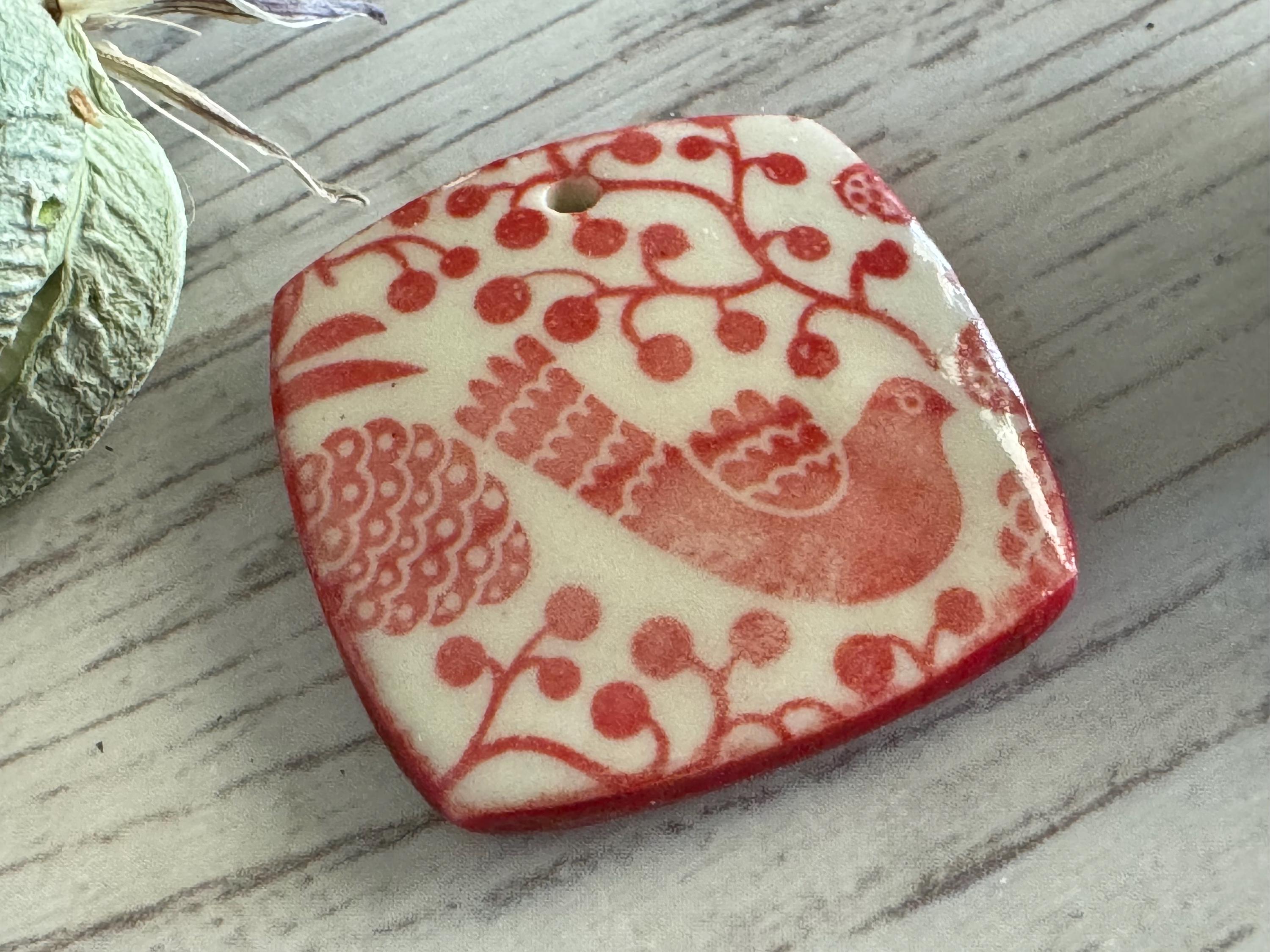 Scandinavian Bird Pendant and Charm, Red and White Pendant, Obtuse Square, Porcelain Ceramic Pendant, Jewelry Making Components