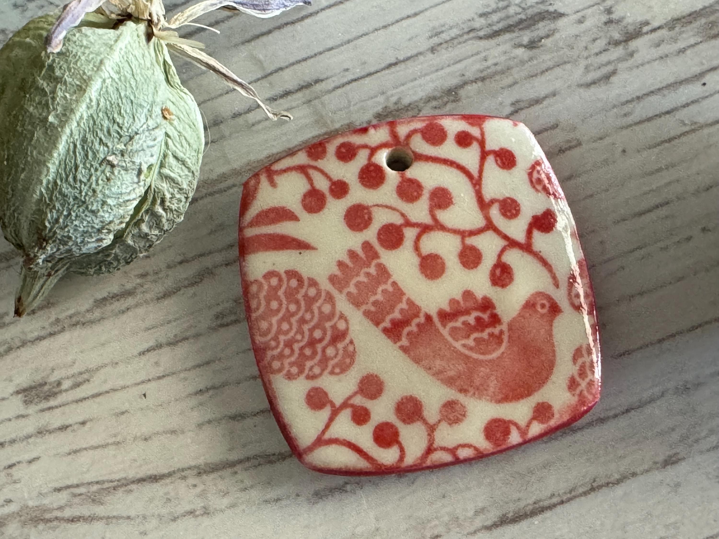 Scandinavian Bird Pendant and Charm, Red and White Pendant, Obtuse Square, Porcelain Ceramic Pendant, Jewelry Making Components