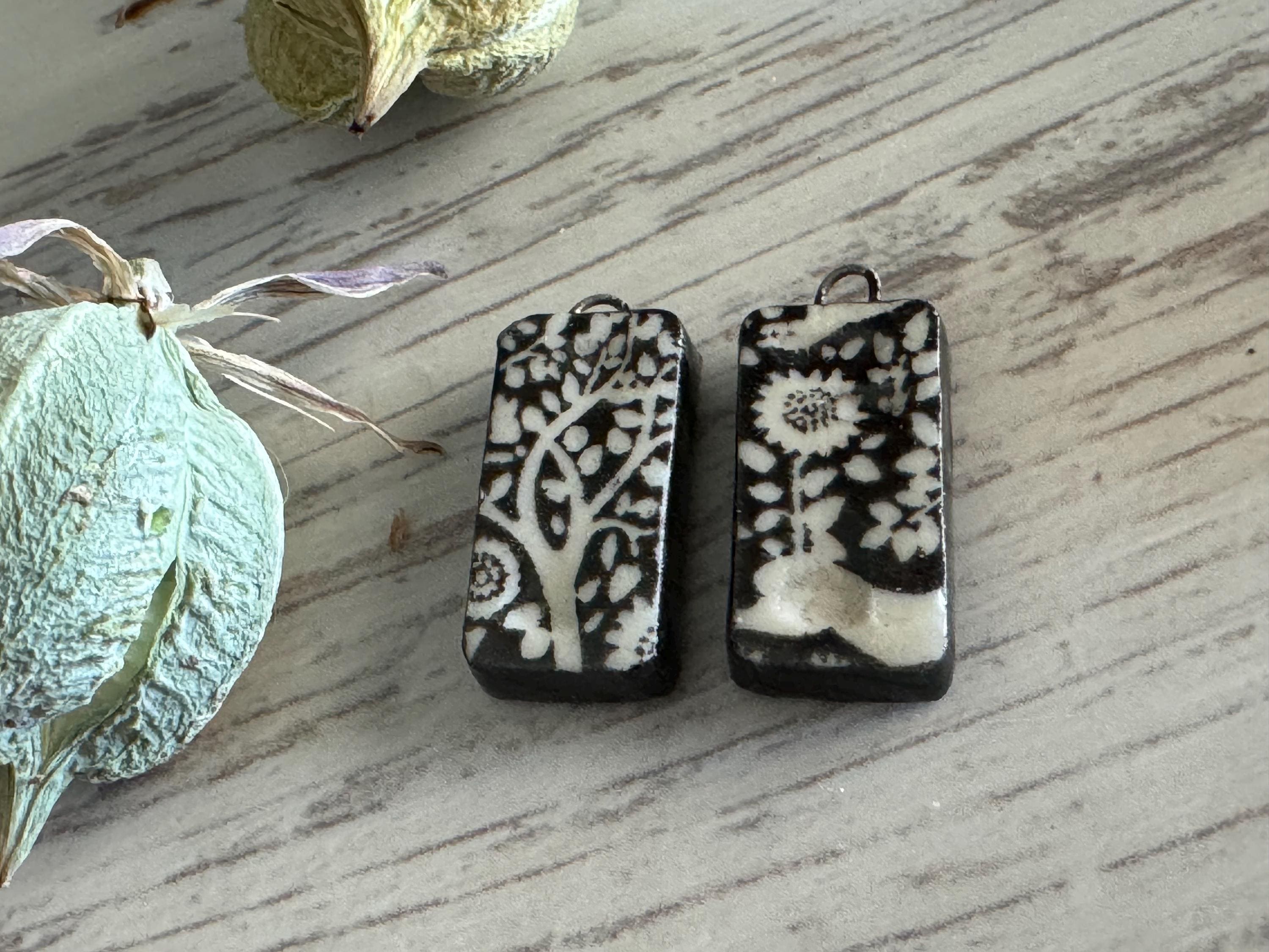 Black Flowers Earring Bead Pair, Tree Beads, Porcelain Ceramic Charms, Jewelry Making Components, Beading Handmade