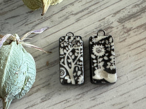 Black Flowers Earring Bead Pair, Tree Beads, Porcelain Ceramic Charms, Jewelry Making Components, Beading Handmade