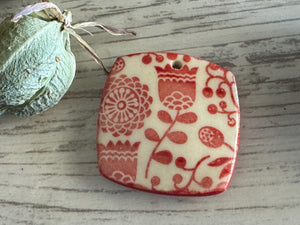 Scandinavian Tulip Pendant and Charm, Red and White Pendant, Obtuse Square, Porcelain Ceramic Pendant, Jewelry Making Components