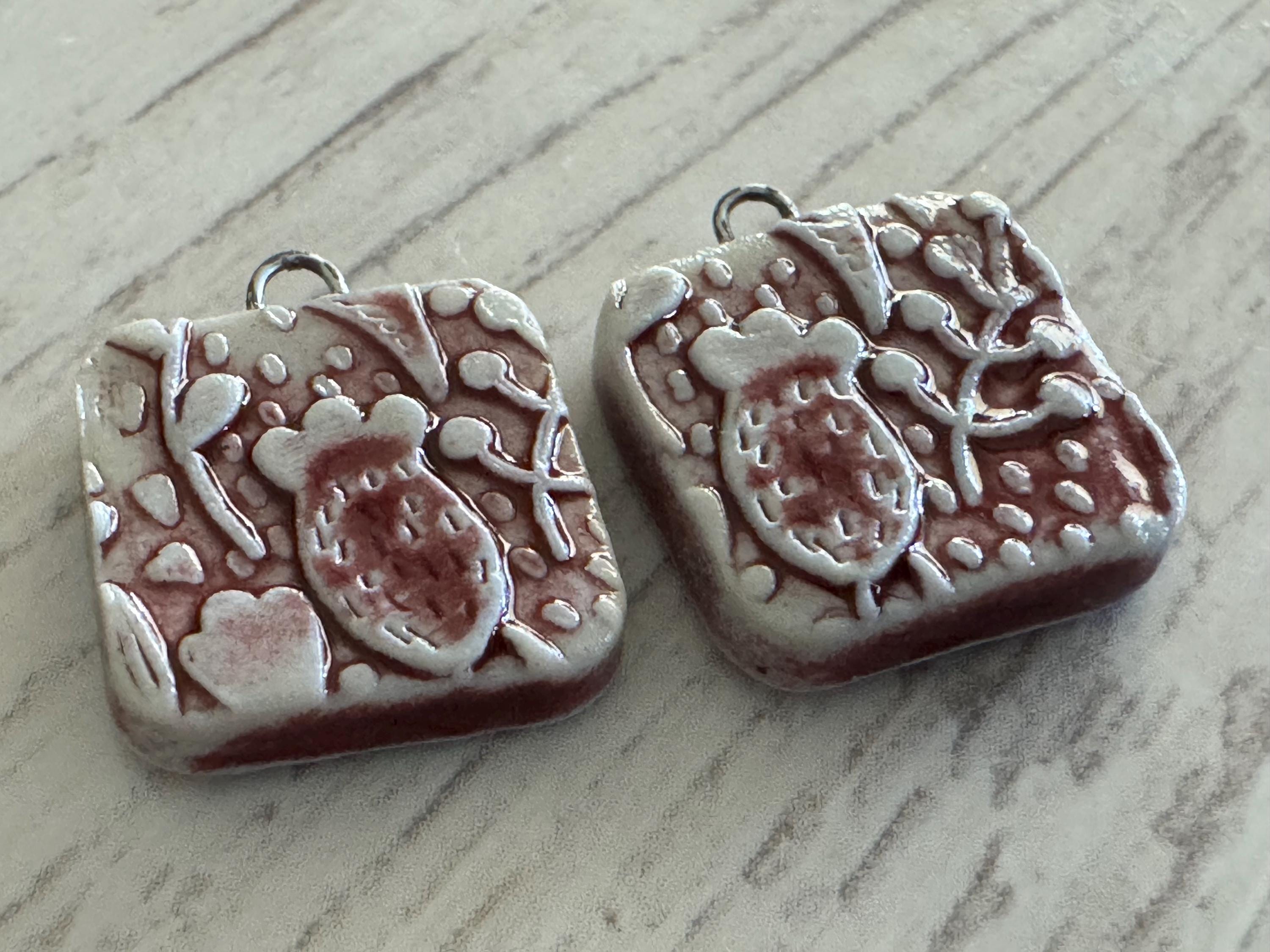 Burgundy Square Floral , Earring Bead Pair, Porcelain Charms, Ceramic Charms, Jewelry Making Components, Beading Handmade, DIY Earrings, DIY