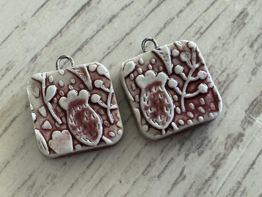 Burgundy Square Floral , Earring Bead Pair, Porcelain Charms, Ceramic Charms, Jewelry Making Components, Beading Handmade, DIY Earrings, DIY