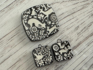 Black and white Deer Pendant and Charms, Bunny Square Pendant, Rabbit Ceramic Pendant, Squirrel Artisan Pendant, Jewelry Making Components