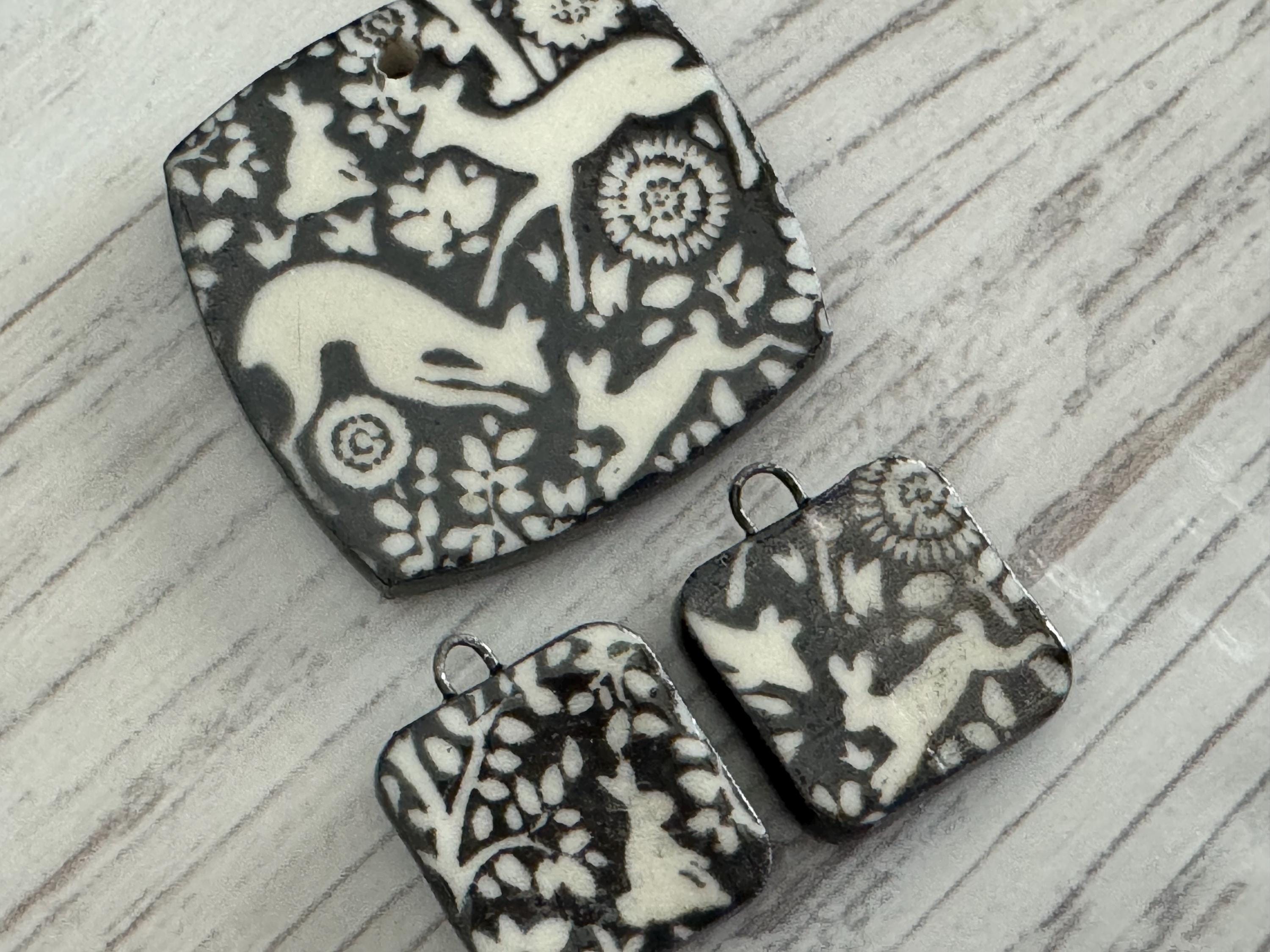 Black and white Deer Pendant and Charms, Bunny Square Pendant, Rabbit Ceramic Pendant, Squirrel Artisan Pendant, Jewelry Making Components