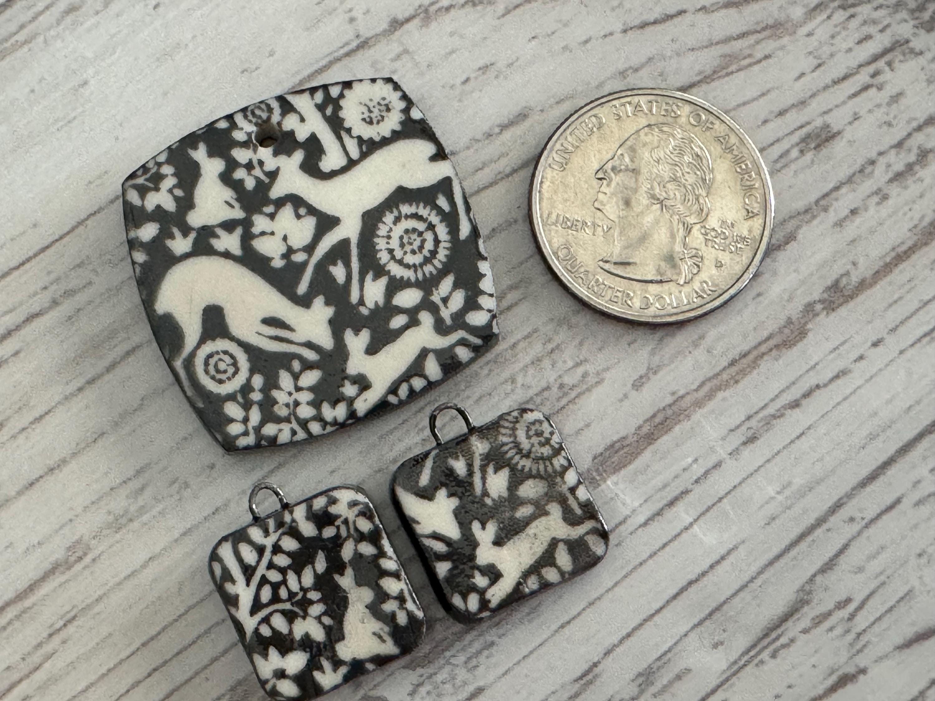 Black and white Deer Pendant and Charms, Bunny Square Pendant, Rabbit Ceramic Pendant, Squirrel Artisan Pendant, Jewelry Making Components