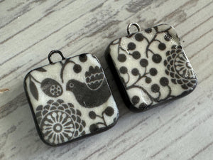 Scandinavian Bird Beads, Black and White Square, Black Earring Bead Pair, Porcelain Ceramic Charms, Jewelry Components, Beading Handmade