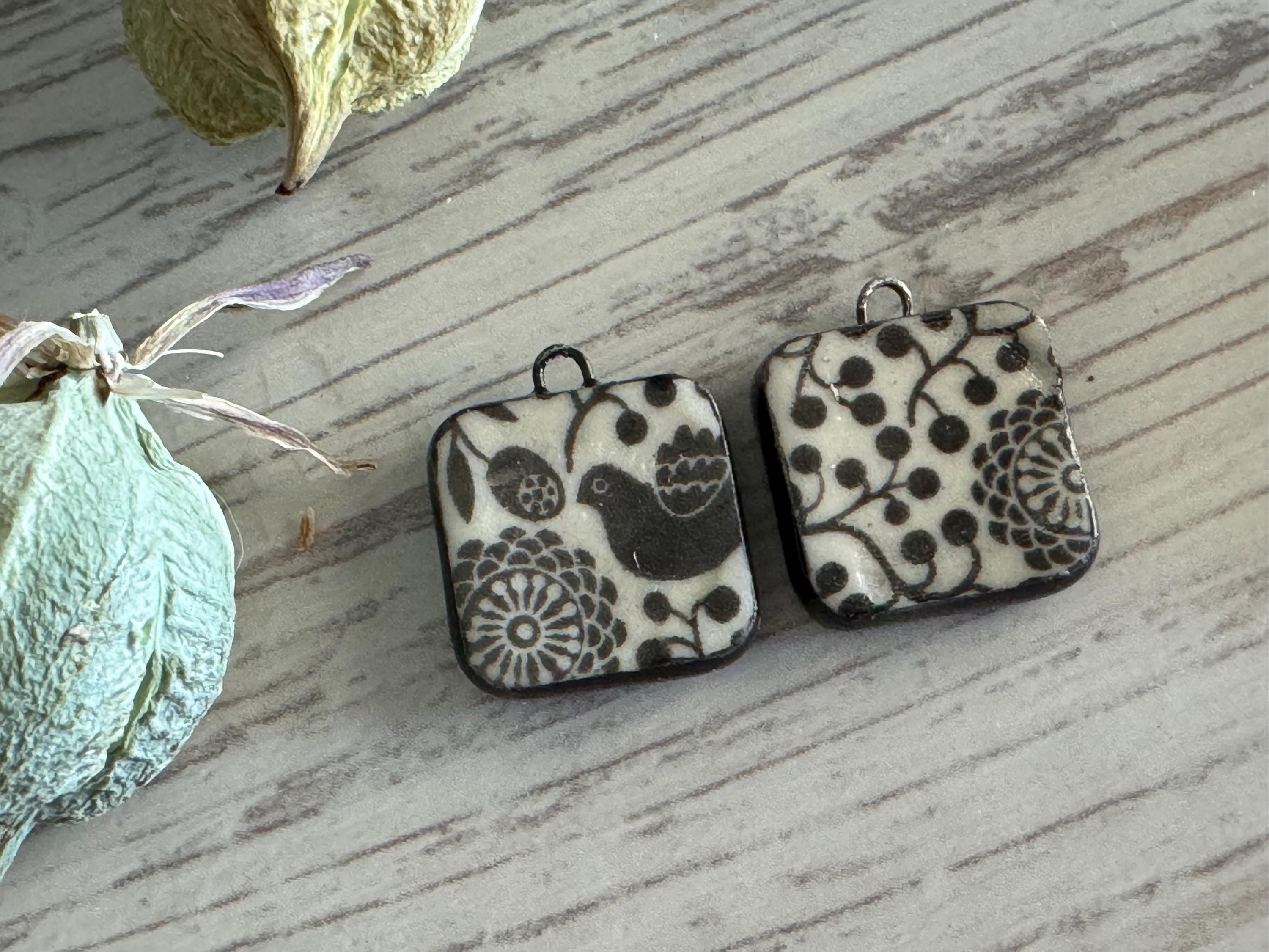 Scandinavian Bird Beads, Black and White Square, Black Earring Bead Pair, Porcelain Ceramic Charms, Jewelry Components, Beading Handmade